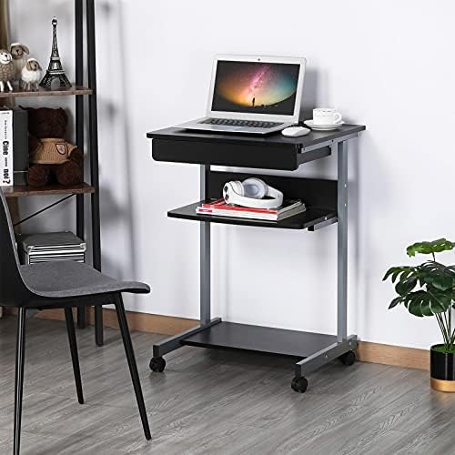 Topeakmart Rolling Desk with Drawer & Printer Shelf, Sturdy Steel Frame, Black