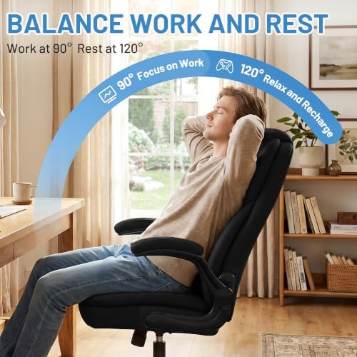 Ergonomic PU Leather Office Chair with Double-Layer Seat Cushion, Adjustable Armrest and Headrest, Reclining Backrest 360° Swivel Rolling Computer Desk Chair for Home Office Gaming Space, Black