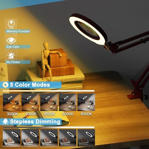 10X Magnifying Glass with Light and Clamp, Real Glass Stand Lighted Magnifier, 5 Color Modes Stepless Dimmable LED Desk Lamp Hands Free for Crafts Hobby Reading Painting Sewing Close Work - Red
