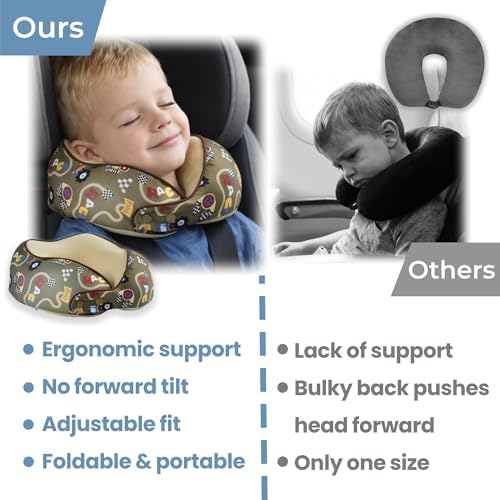 SKYTRAX® Certified Kids Safe Memory Foam Travel Neck Pillows for Kids and Toddlers, Cute Cartoon Design, Car Seat & Airplane Head Neck Support, Adjustable Snap Buttons, Washable Soft Cover (Racecar)