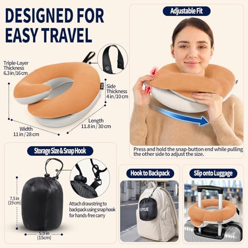 BUYUE Travel Neck Pillows for Airplanes, Memory Foam 360° Head Support Sleep for Long Flight, Skin-Friendly & Breathable, Kit with Eye Mask, Earplugs and Storage Bag (Adult, Orange, 90+ lbs)
