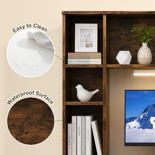 3 Tier Desktop Bookshelf with Rechargeable Eye-Friendly LED Desk Light, Desk Hutch Organizer with 5 Shelves, Wooden Desk Bookshelf for Office, Dorm and Small Space, Brown
