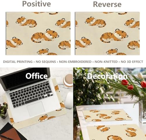 Cute Tiger in Tan Linen Placemats, Sleeping Tigers Pattern Table Mats for Table Washable Heat Insulation Thick Dining Mat, Indoor/Outdoor 12X18 in 4 Pcs