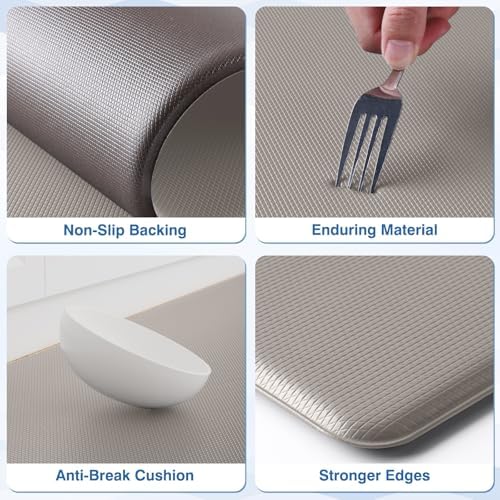 StepRite Kitchen Mats for Floor, 2-Piece Anti-Fatigue Kitchen Rugs, Khaki
