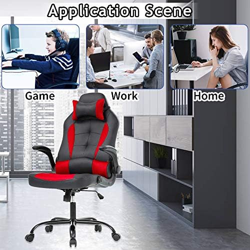 Gaming Chair - Ergonomic High Back Office Computer Desk Chair with Lumbar Support, Flip-Up Arms & Headrest | PU Leather Swivel Task Chair for Adults & Teens | Adjustable Racing Style Executive Chair