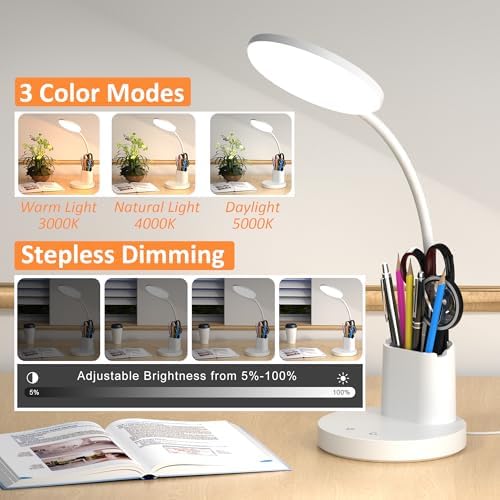 LED Desk Lamp for College Dorm with Pen Phone Holder, White