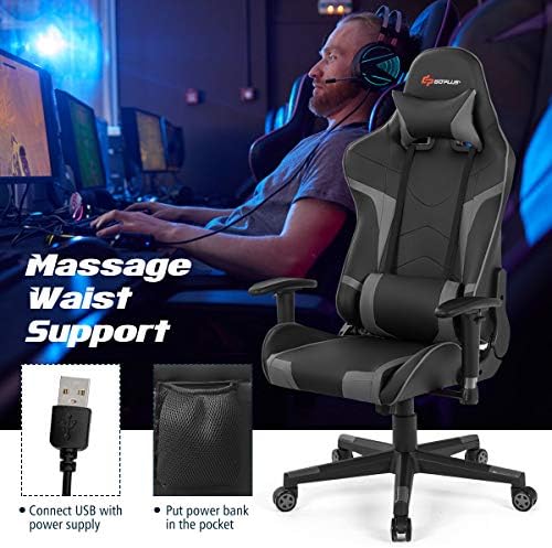 Goplus Gaming Chair, Massage Office Chair Computer Gaming Racing Chair, High Back PU Leather Adjustable Arms Headrest Ergonomic Reclining Game Chair, Rolling Swivel Executive Chair