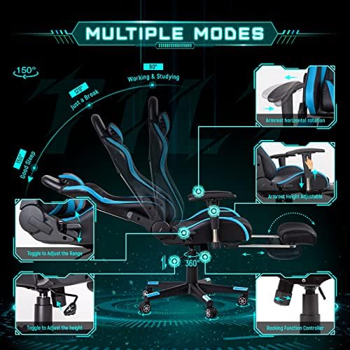 AA Products Gaming Chair High Back Ergonomic Computer Racing Chair Adjustable Office Chair with Footrest, Lumbar Support Swivel Chair - Blue