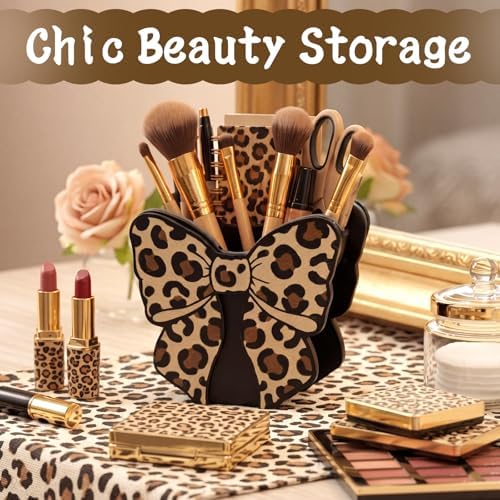 Tenceur Leopard Print Bow Holder for Desk Large Capacity Bow Pencil Holder
