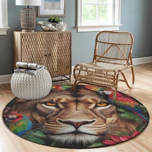 Machine Washable Modern Round Area Rug, Room Sofa Yoga Soft Round Carpet, Home Decor Non Slip Kitchen Office Circle Rug Lion and Parrot, 60inch