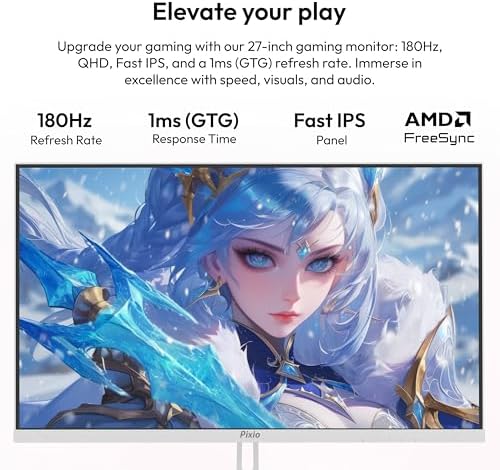 Pixio PX278 Wave White 27 inch 180Hz Refresh Rate Quad HD 1440p Resolution Fast IPS Panel 1ms GTG Response Time Built-in Speakers Gaming Monitor with AMD FreeSync