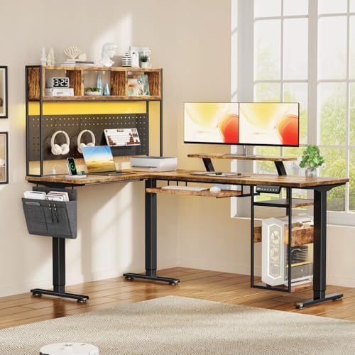 Flycity Electric L Shaped Standing Desk Adjustable Height, 67" x 47" Corner Computer Desk with Host Shelf, Gaming Desk with LED Lights & Power Outlet, Dual Motor Home Office Desk with Storage, Brown