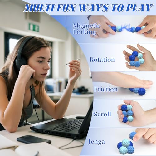 Silicone Magnetic Balls, Fidget Toys for Adults & Teens, 6PCS Stress Balls Sensory Toy, Quiet Magnet Desk Fidgets with Textured, ADHD Anxiety Relief Items, Fun Stocking Suffers Gifts (Blue)
