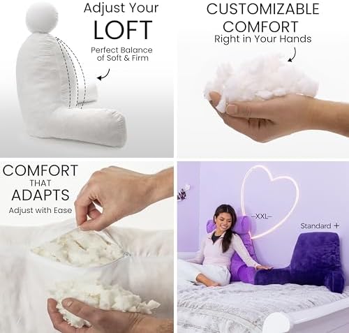 Husband Pillow Reading Pillow with Arms - Standard Backrest for Sitting Up in Bed - Firm Support Bed Rest Pillow for Adults, Neck Roll, Removable Cover -TV, Reading, Lounging - Purple