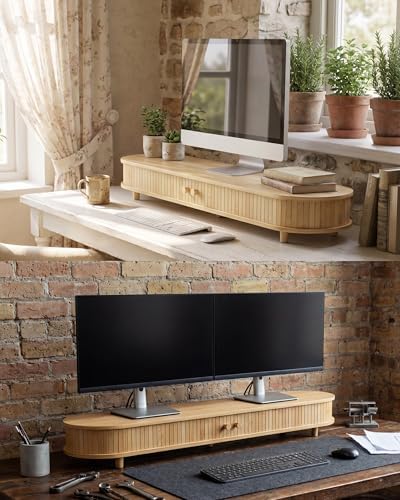 Bamboo Dual Monitor Stand with Storage, 42 Inch Desk Shelf Riser