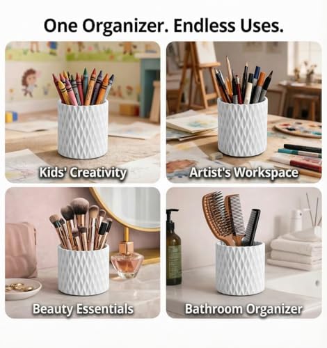 White Pen Holder for Desk, 360° Rotating Pencil Organizer, 5 Slots