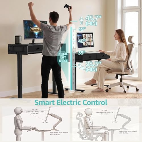 KLUVIS Black Adjustable Desk with Storage, 39 Inch Small Black Desk with Drawers, Small Space Stand Up Computer Desks for Home Office Bedroom, Sit Stand Work Desks for Walking Pad