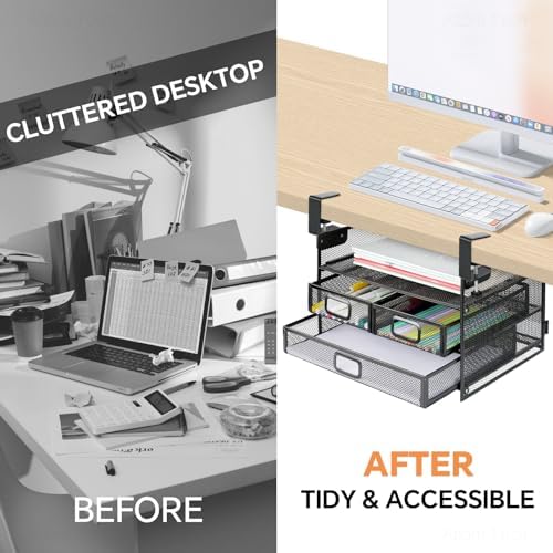 3 Layer Under Desk Drawer Storage Organizer, No Drill Clamp