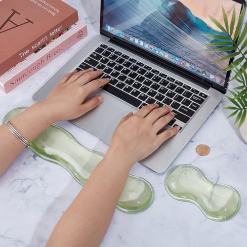 2 Pcs Gel Keyboard and Mouse Wrist Rest Set Ergonomic Clear Keyboard Wrist Pad Transparent Green Cooling Non-Slip Mouse Wrists Support for Office Gaming Typing Desk Accessories