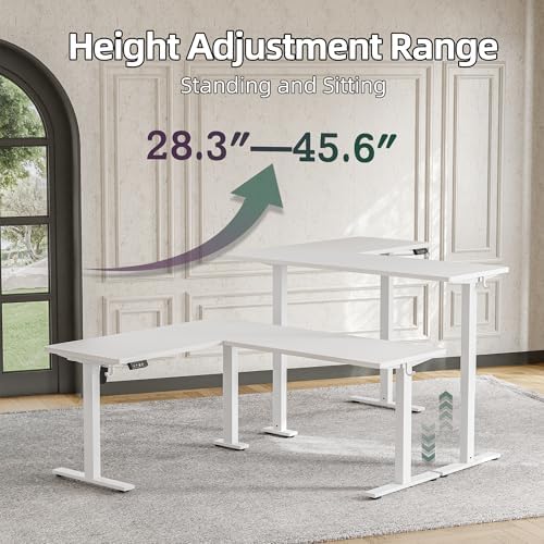 TIQLAB L Shaped Standing Desk Adjustable Height, Electric Corner Standing Desk, 63 x 55 inch Sit Stand Computer Table with Splice Board, White