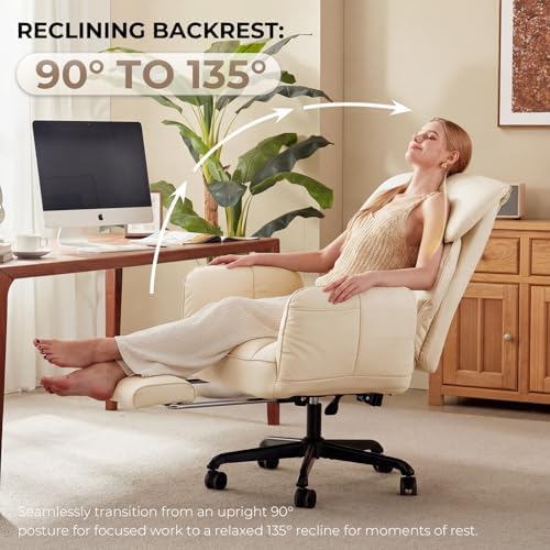 Dowinx Cross Legged Office Chair with Pivoting Armrests,Criss Cross Chair with Pocket Spring Seat & Back,Reclining Computer Gaming Chair with Footrest and Metal Base (Cream)