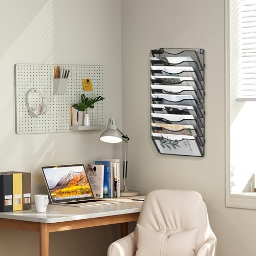 EasyPAG Wall File Organizer for Office 10 Pocket Mesh Wall Mounted Paper Organizer Hanging Folder Holder with Nametag Label for Home School, Black