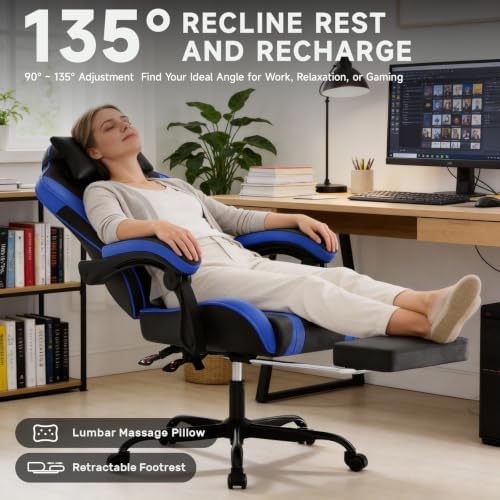Ergonomic Gaming Chair,A Versatile 3-in-1 Video Game Chair for Work, Study, and Gaming,Features an Adjustable Backrest, Footrest, and Linked Armrests Office Chair for Adults,BlackBlue