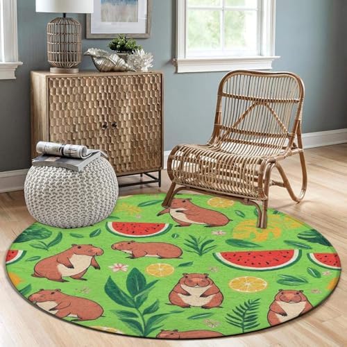 Women's Large Home Decor Mat, Soft Round Yoga Carpet, Non Slip Machine Washable Home Office Circle Rug Cute Capybaras Fruits Floral