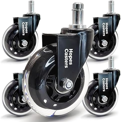 HOPES Office Chair Wheels Replacement Set of 5 – Heavy Duty Rubber Casters, Smooth & Quiet Rolling for Hardwood Floors and Carpet, Universal Stem, No Floor Mat Needed (Black, 3inch-660lbs)