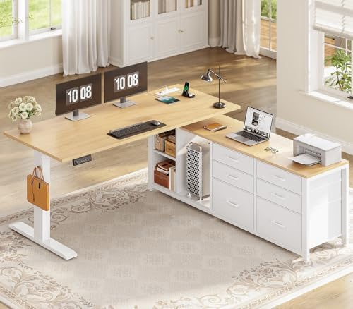 SEDETA L Shaped Electric Standing Desk with 6 Fabric Drawers, Storage