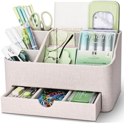 KINGFOM PU Leather Desk Organizer with Drawer, 5 Compartments Desktop Storage Caddy for Office & Home Supplies, Pen Holder for Remote Control, Phone & Accessories, Mail Organizer Countertop(Beige)