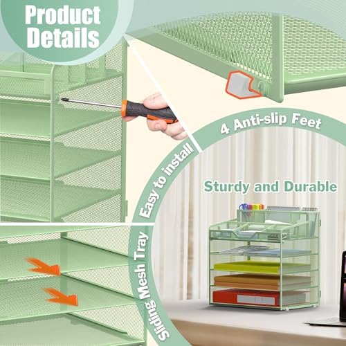 Docnest 5 Tier Mesh Desk Organizer with Letter Tray & Paper Sorter, Green