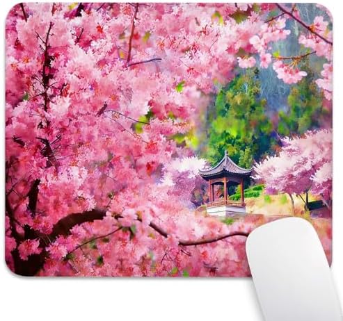 Japanese Spring Cherry Blossom Garden Mouse Pad, Asian Pavilion Desk Mat