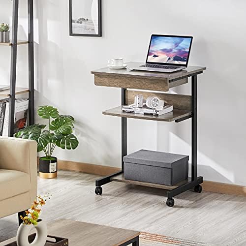 Topeakmart Rolling Computer Desk with Drawer & Keyboard Tray, Taupe Wood