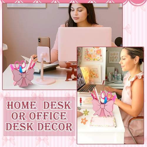 Tenceur Pink Bow Pen Holder for Desk Large Capacity Pencil Holder for Girls
