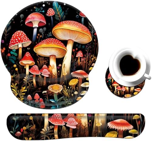 Keyboard Wrist Rest and Mouse Pad Wrist Support Set with Coaster,Comfortable for Easy Typing,Pain Relief,Memory Foam Keyboard Pad Set for Laptop Mac,Cute Mushrooms