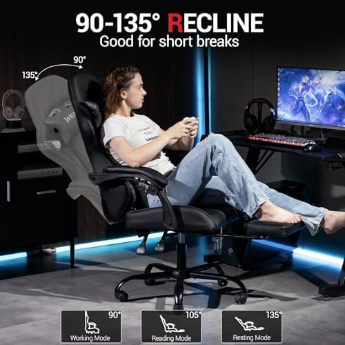 Gaming Chair, Video Game Chair with Footrest and Massage Lumbar Support, Height Adjustable Ergonomic Computer Chair with Swivel Seat and Headrest for Home Office Gaming, Black