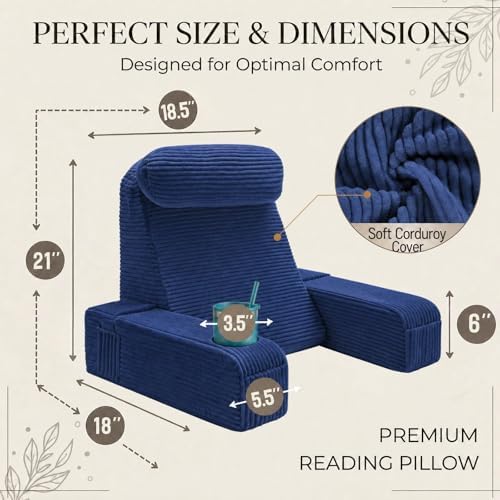 Reading Pillow for Adults, Back Pillow for Bed Sitting Up, Backrest Pillow for Sitting in Bed, Detachable Arms with Built-in Cup & Phone Caddy (Dark Navy-Corduroy, 21 INCH)