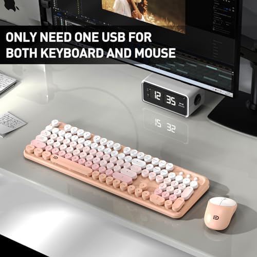 Wireless Keyboard and Mouse Combo,Cute Round Keys,for Long Nail,Orange Pink