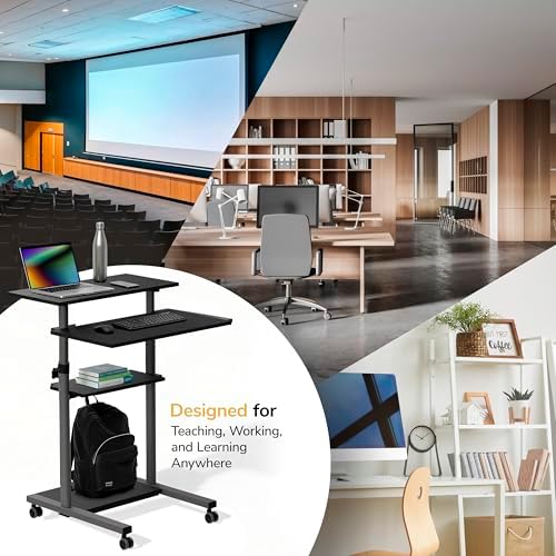 Mount-It! Rolling Desk Adjustable Height up to 54.7", Portable Standing Desk for Laptop or Podium Stand with Wheels, Mobile Roller Presentation Cart, Computer Work Station 27.5" Wide, Locking Wheels