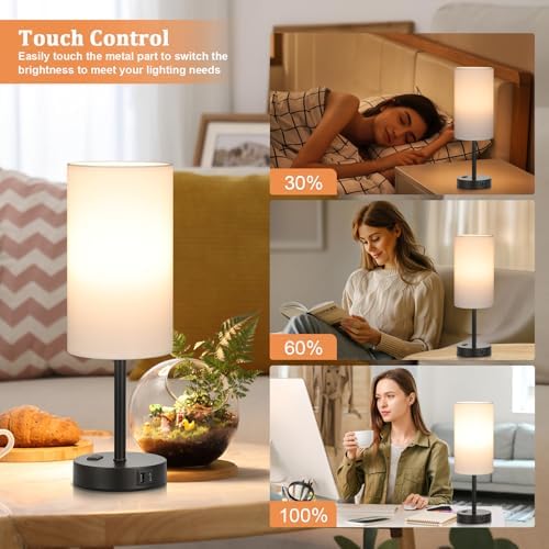 Touch Bedside Table Lamps Set of 2 - Bedroom Lamp with USB A+C, AC Outlet