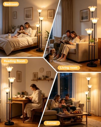 Flower Floor Lamp for Living Room, Mid Century Modern Floor Lamp Dimmable with Shelf & LED Bulbs, 3 Light Black Vintage Floral Standing Tall Lamp for Bedroom Sofa Beside Corner Decor