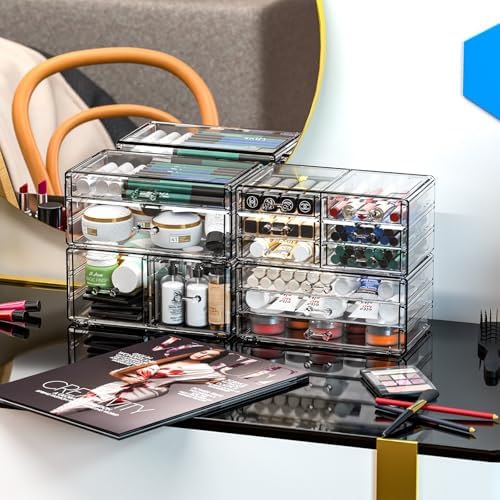 Cq acrylic 4 Pack Clear Acrylic Drawer Organizer Countertop,Stackable 13 Drawers Makeup Storage, Cube Make up Organizer for dresser Hair Clip,Beauty Product Desk and Bathroom Organizers and Storage