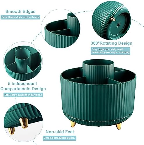 Cayxenful Pencil Holder For Desk,5 Slots 360°Degree Rotating Desk Organizers And Accessories,Desktop Storage Stationery Supplies Organizer, Cute Pencil Cup Pot For Office, School, Home (A-Green)