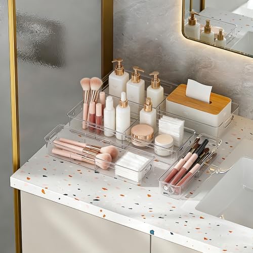4 Pcs Expandable Drawer Organizer, Adjustable Desk Drawer Organizer with Dividers, 4-Sizes Plastic Storage Bins for Makeup, Kitchen, Bathroom Vanity, Office & Gadgets Drawer