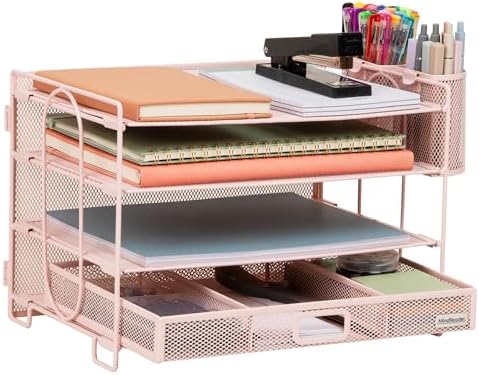 Mind Reader Mesh Desk Organizer, 3 Trays, 1 Drawer, 2 Pen Holders, Office Desktop Organizer, Metal Mesh, Pink