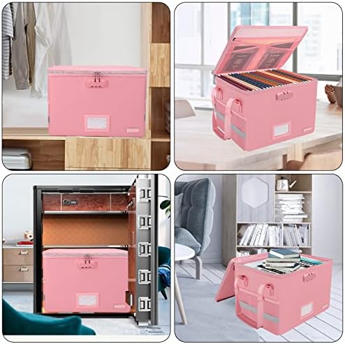 ENGPOW File Box with Lock, Fireproof Document Box with Zipper＆Pockets, Collapsible File Organizer Filing Storage Cabinet with Handle, Portable Home Office Safe for Hanging Letter/Legal Folder, Pink