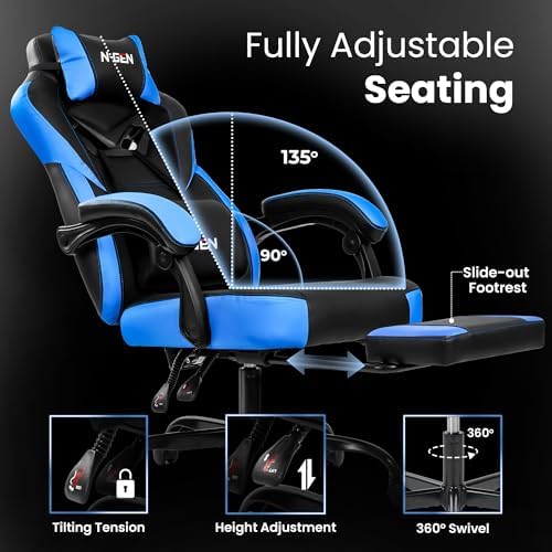Gaming Chairs with Footrest, Big and Tall Gamer Chair with Headrest and Lumbar Support for Adults, Blue