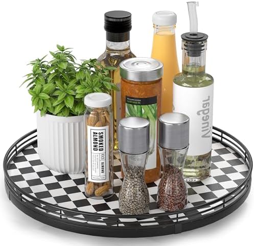 AMH 13-Inch Black and White Checkerboard Lazy Susan with Oak Wood Base