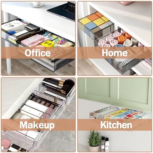 SVNNELP Under Desk Table Drawer Storage Organizer,2 Pack Large & Medium Slide Out Desk Drawers - Hidden Desktop Organizer,Attachable Pencil Storage Tray Under Table(ML)